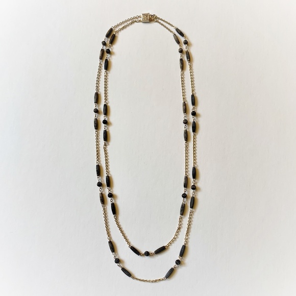 VTG Deco Style Gold Wash Sterling Black Bead Double Strand Necklace - Picture 4 of 15